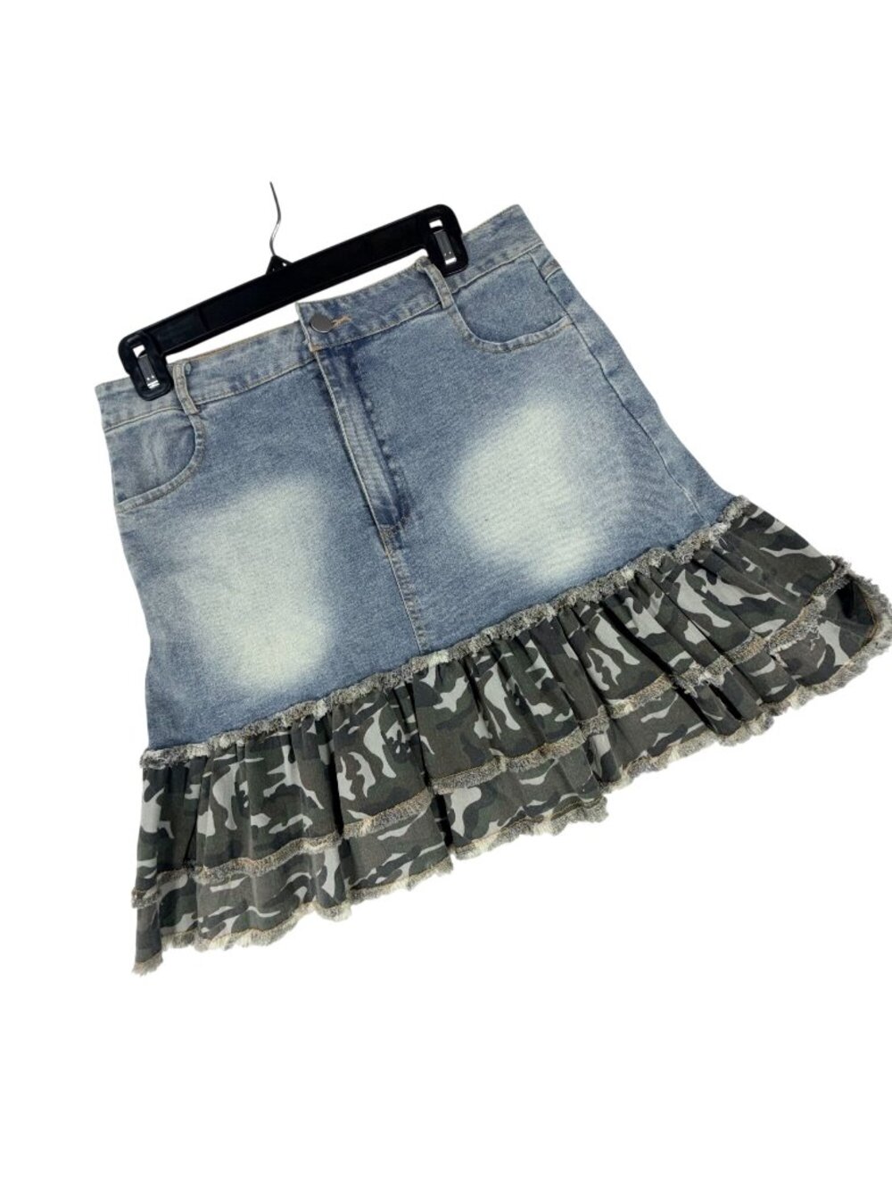 Denim Mini Skirt Camo Ruffle Hem Large Tiered Love Highlight Cotton Stretch